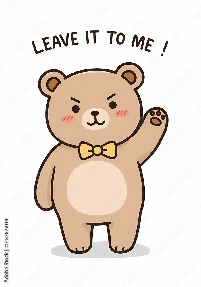 Fototapeta premium Charming and confident bear cartoon character eagerly offers assistance, expressing determination and cuteness with a bow tie and a cheerful assurance