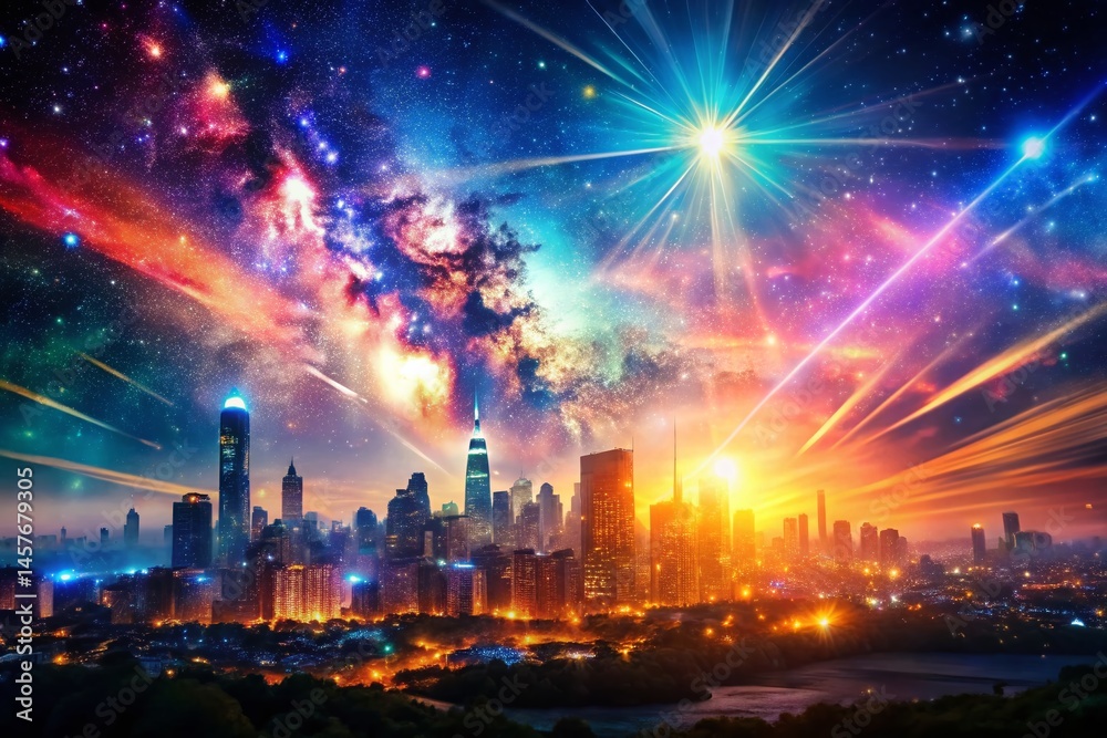 Fototapeta premium Double Exposure: City Lights and Celestial Beams - Abstract Photography