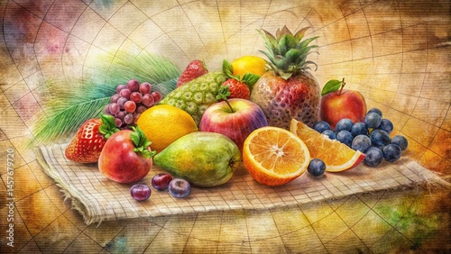 Double Exposure: Fruit Drawing on Soft Lined Paper - Artistic Stock Photo