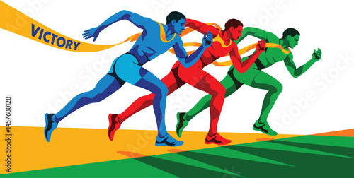 Colorful athletes sprinting toward finish line with 'VICTORY' ribbon against a vibrant gradient background