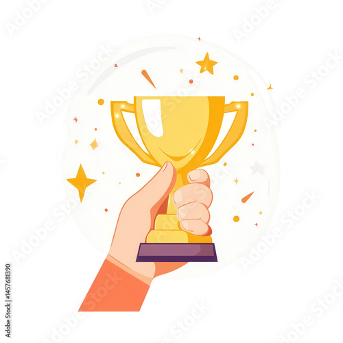 Hand holding golden trophy with stars isolated on transparent background
