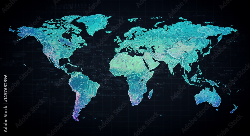 Digital World Map: A Global Perspective in Teal and Purple Hues