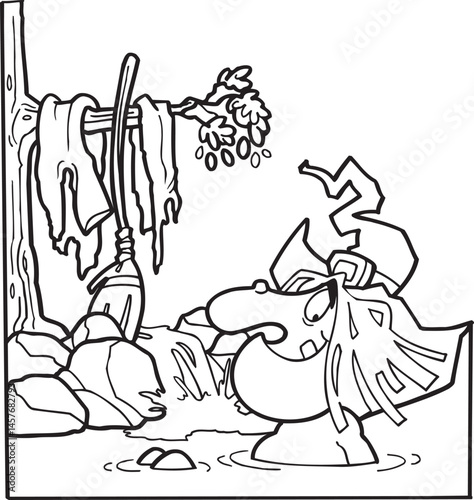 caricature sketch illustration of a silhouette of a witch wearing a hat and using a broomstick while taking a bath