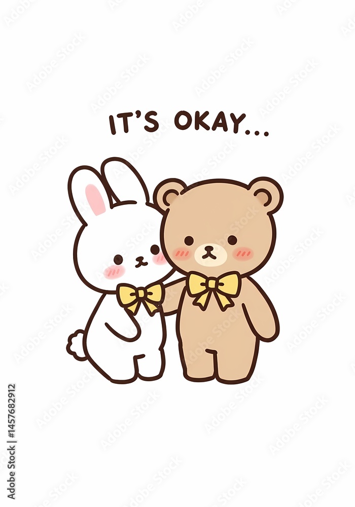 Heartwarming illustration of a bunny and teddy bear offering comfort and support, conveying a sense of reassurance, affection, and kindness through their gentle embrace