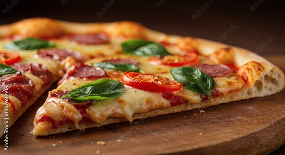 A close up view of a pizza with salami, tomatoes, cheese and basil on a wooden cutting board A close up view of a pizza with salami, tomatoes, cheese and basil on a wooden cutting board