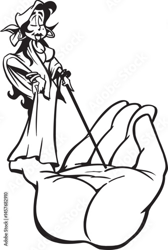 Illustration of a caricature sketch of a silhouette of a fortune teller, a witch, predicting the future through hand lines