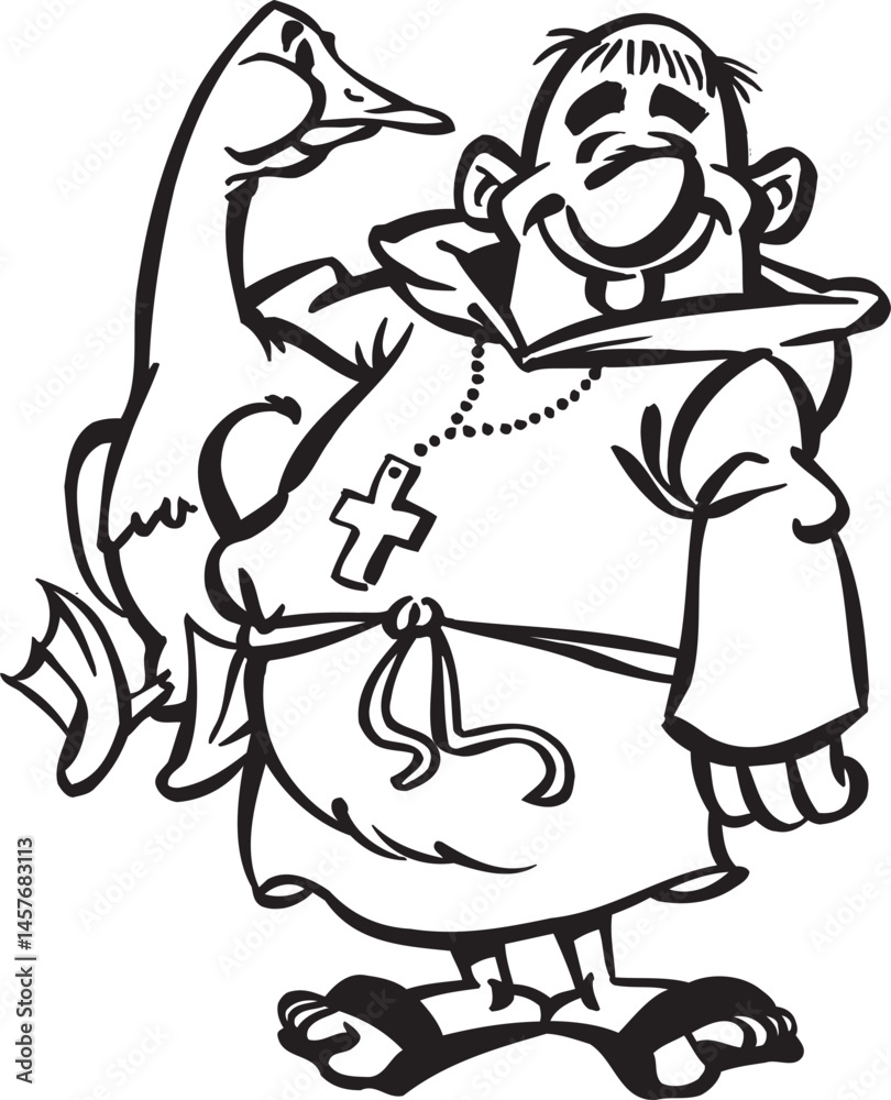 Fototapeta premium illustration sketch caricature silhouette of monk priest lifting duck