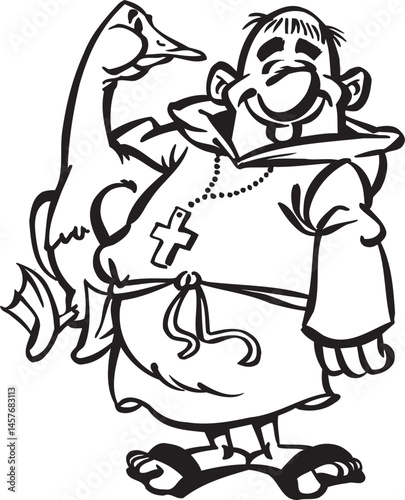 illustration sketch caricature silhouette of monk priest lifting duck