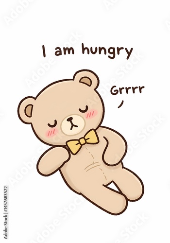 Adorable cartoon teddy bear with closed eyes expresses its hunger with a gentle growl, creating a charming and endearing image ideal for children's content