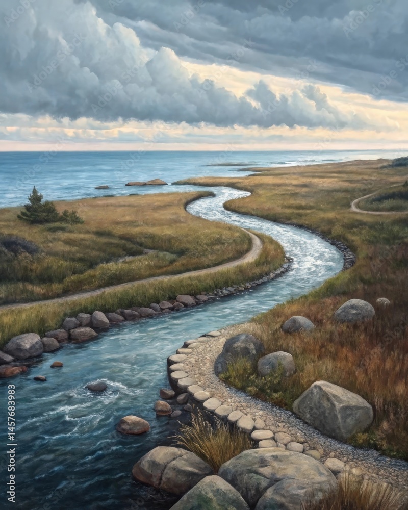A winding river flowing toward a vast ocean with rocks and obstacles along the bank representing how lifes journey can be influenced by both internal decisions and external