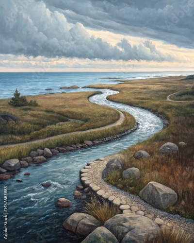 Obraz na płótnie A winding river flowing toward a vast ocean with rocks and obstacles along the bank representing how lifes journey can be influenced by both internal decisions and external w salonie