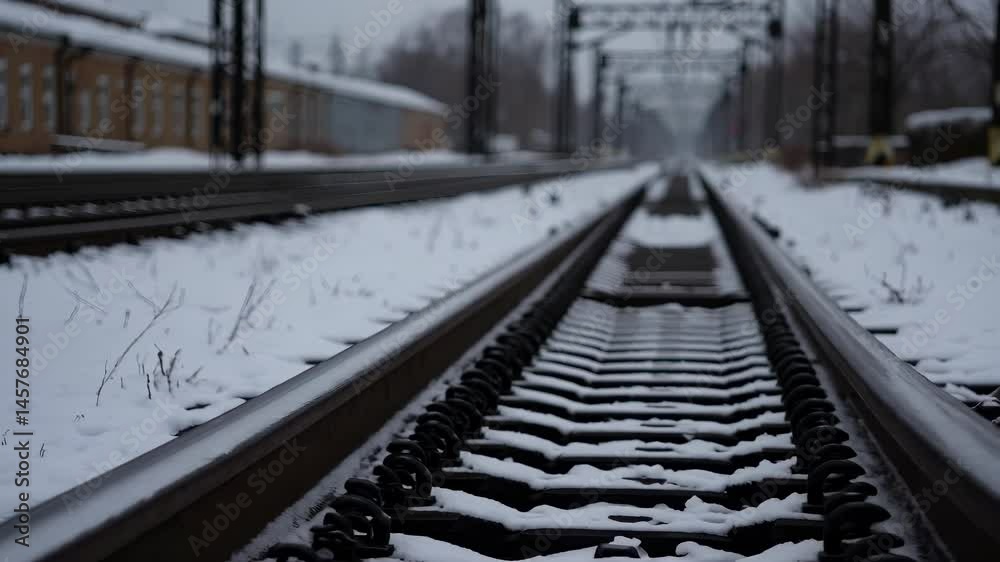 Snow-covered railway tracks stretch into the distance under a cloudy sky. Metal rails and fastenings are clearly visible, with blurred buildings in the background.