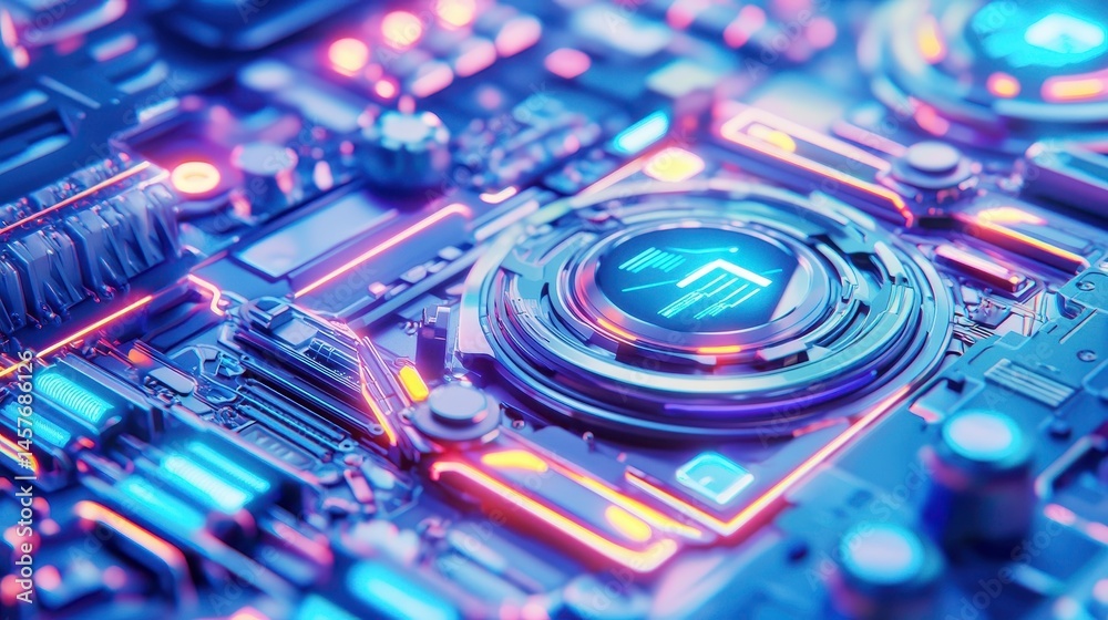 Fototapeta premium Abstract Technology Background: Futuristic Circuit Board with Neon Glow
