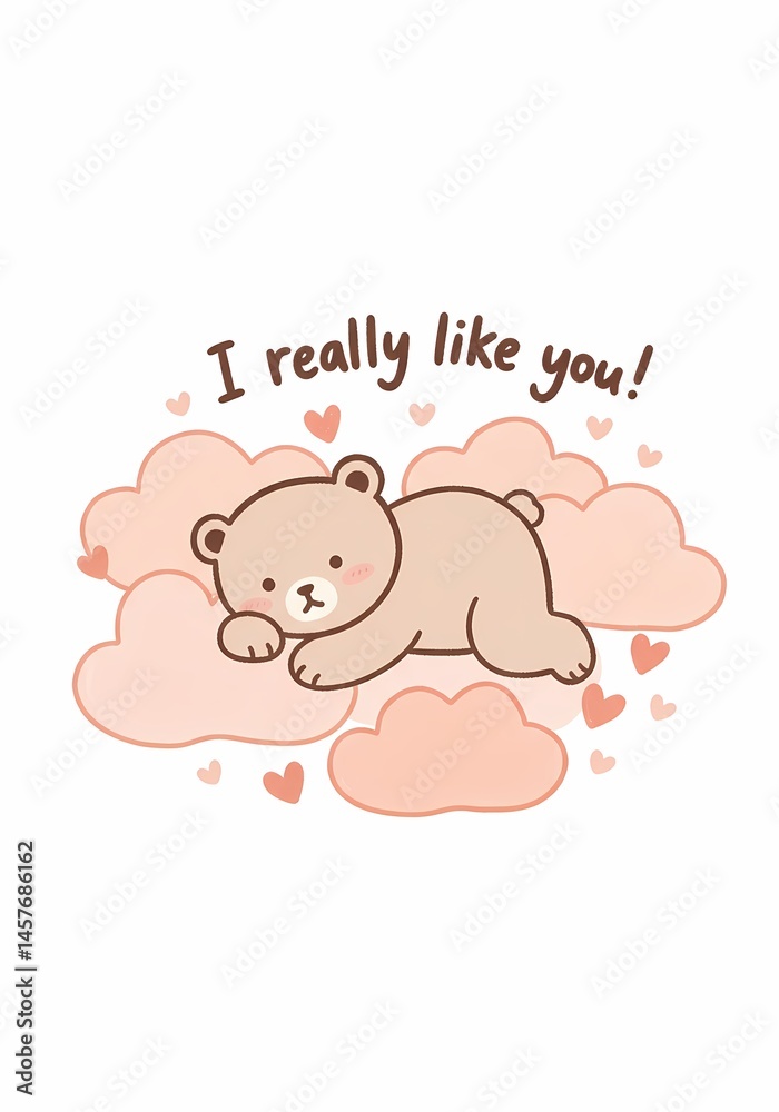 Charming whimsical bear illustration expressing fondness on fluffy cloud cushions adorned with floating hearts, evoking tenderness and affection on a soft, pastel backdrop Charming whimsical bear illustration expressing fondness on fluffy cloud cushions adorned with floating hearts, evoking tenderness and affection on a soft, pastel backdrop