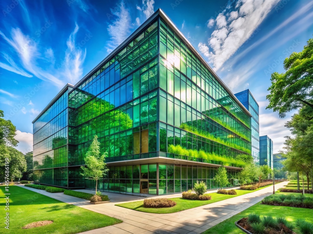 Obraz premium Eco-Friendly Modern Glass Office Building Reducing Carbon Dioxide Emissions - Sustainable Architecture