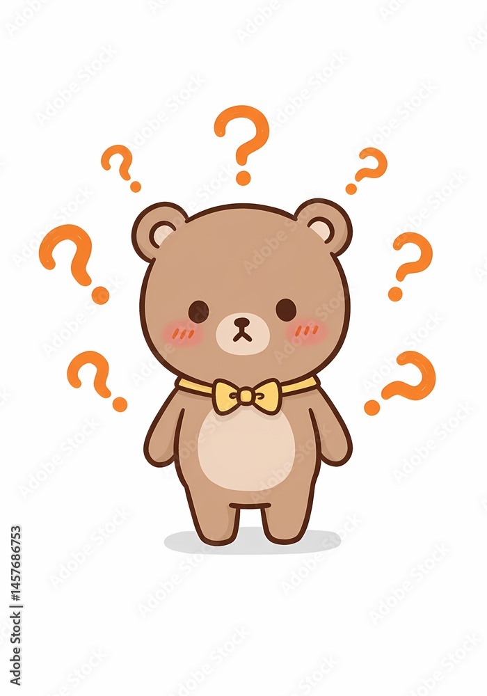 Fototapeta premium Cartoon bear amidst a flurry of pondering questions, capturing a sense of confusion and whimsical contemplation in a charming illustrative style