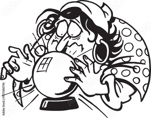 silhouette caricature sketch illustration of a fortune teller predicting the future in front of a crystal ball