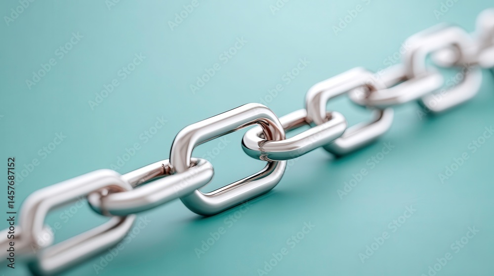 Fototapeta premium Chain Link Metallic Connection Concept on Teal Background. Strength, Security, Partnership