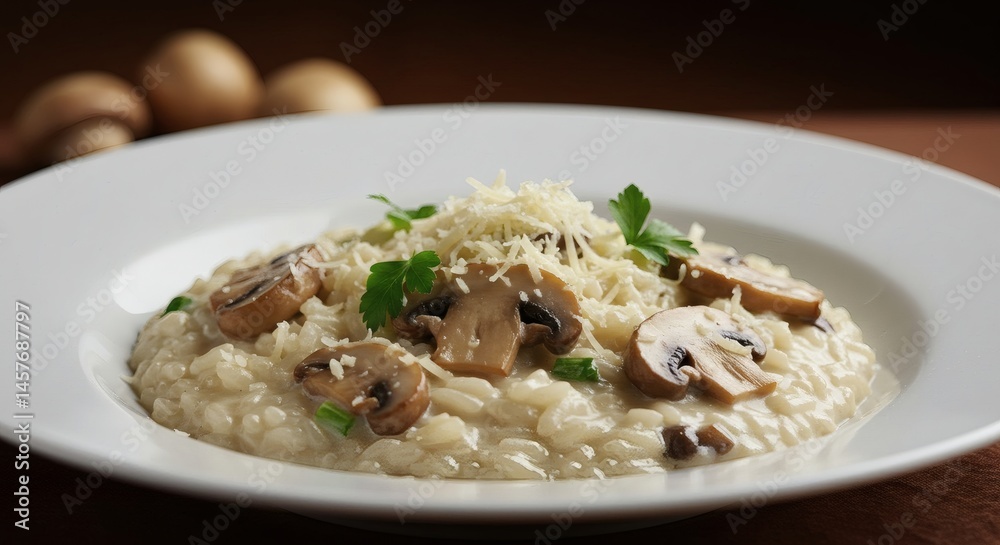 Close up of mushroom risotto served on a white plate with whole mushrooms in the background Close up of mushroom risotto served on a white plate with whole mushrooms in the background