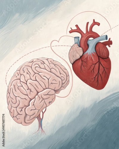An anatomical illustration of a brain interconnected with a heart symbolizing the impact of emotions on physical health and vice versa.