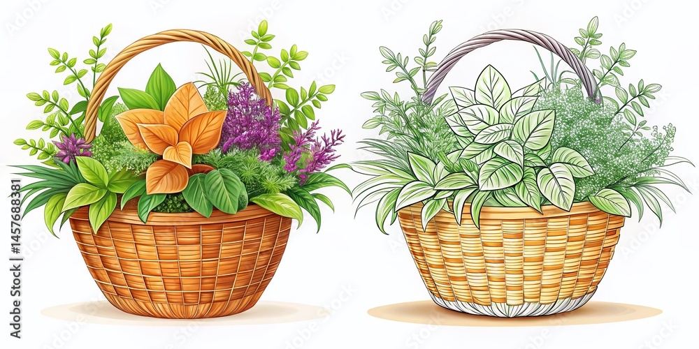 Fototapeta premium Elegant Botanical Plant Basket Line Art Illustration for Branding & Packaging Design