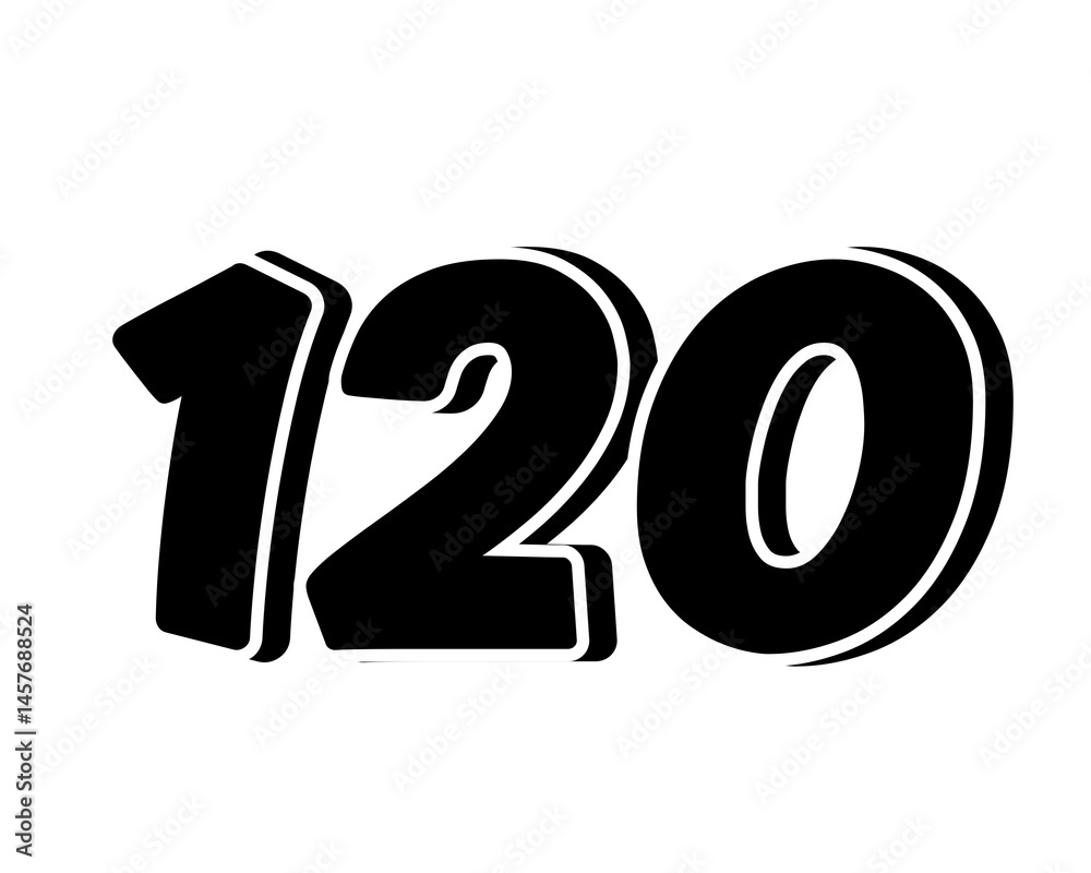 Stylized black number 120 on transparent background, with a bold, 3D appearance and shadow effects for added depth and dimension using as design elements