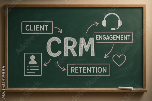 Crm strategy on chalkboard with client engagement and retention concepts