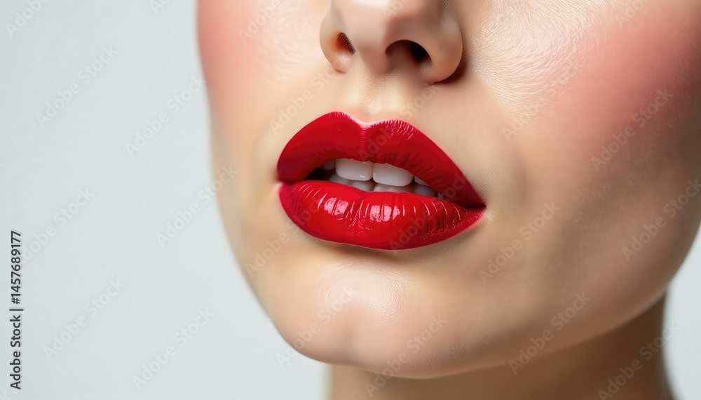 Obraz premium Close-up vibrant red lipstick, stark white backdrop, luxury, shade, lip product