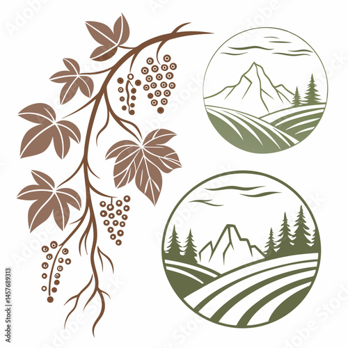 Minimalist Design Featuring A Vine With Berries And Mountain Landscapes In Olive Green