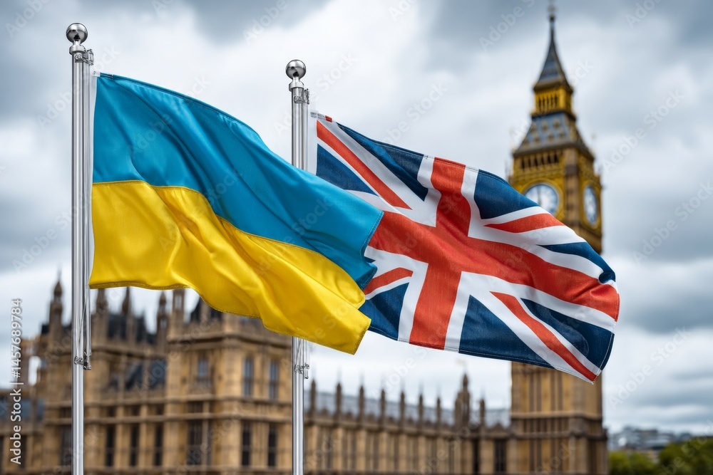 Fototapeta premium Ukrainian and uk flags waving near iconic london landmark on cloudy day