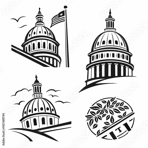 Us Capital Building Black And White Icons Collection With Flag And Birds