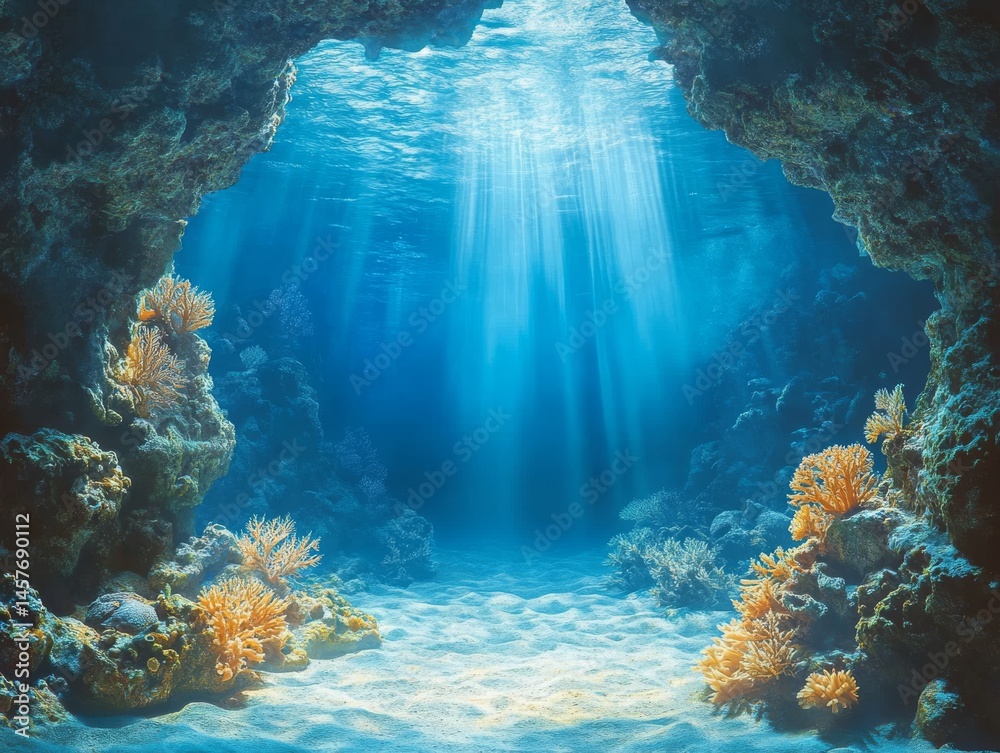 Fototapeta premium Tropical underwater cave entrance framed by coral formations, light spilling through the opening creating a magical scene