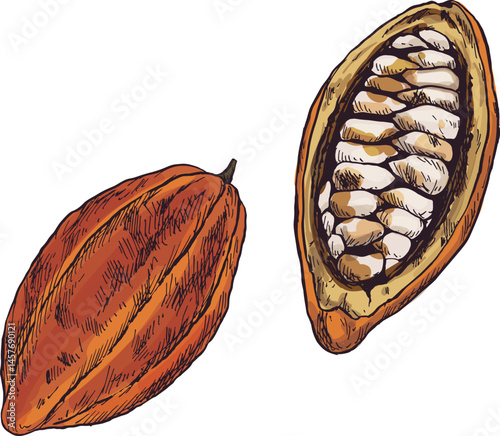 ilustrasi sketsa tanaman rempah kakao untuk bumbu masakan khas tradisional indonesia asia