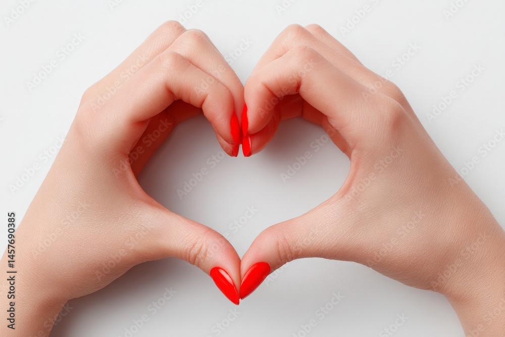Fototapeta premium Hands Forming Heart Shape With Elegant Red Nails on White Background