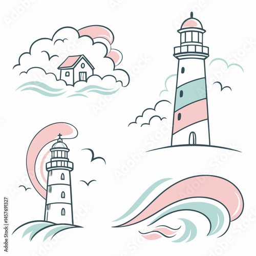 Nautical Design Featuring A Coastal House And Variety Of Lighthouses Isolated