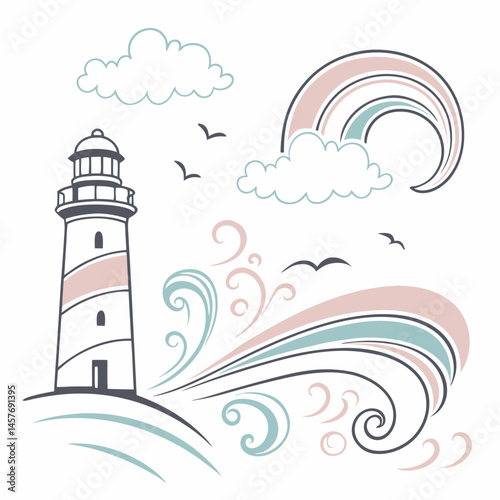 Vector Illustration Of A Lighthouse With Waves Clouds And Rainbow Design