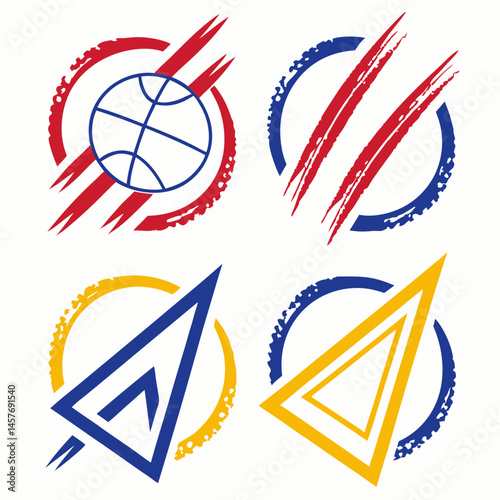 Four Stylized Abstract Icons Basketball Scratches Paper Airplanes In Vector Format