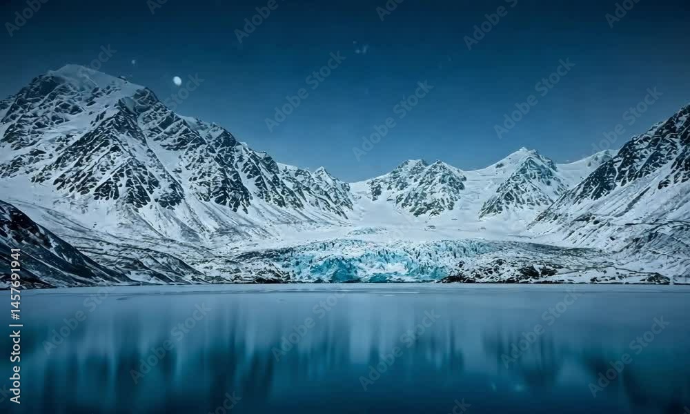 A scenic view of snow covered mountains and a frozen lake under a clear blue sky in winter season A scenic view of snow covered mountains and a frozen lake under a clear blue sky in winter season