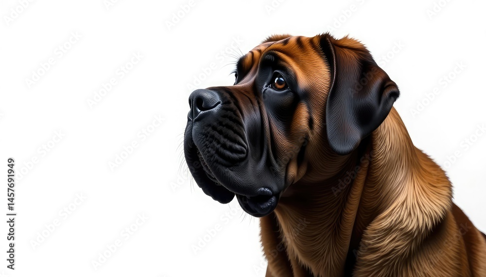 Imposing mastiff, head tilt, pure white backdrop, portrait, ears Imposing mastiff, head tilt, pure white backdrop, portrait, ears