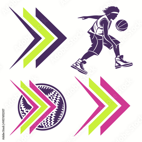 Modern Basketball Graphic With Arrows And Tribal Circle Elements Design