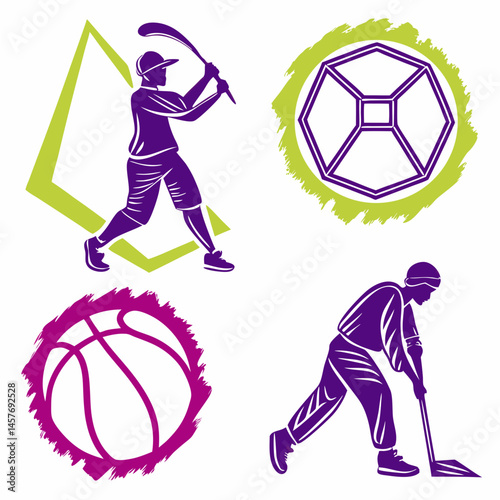 Sports And Game Activities With Golf Baseball Basketball And Geometric Design