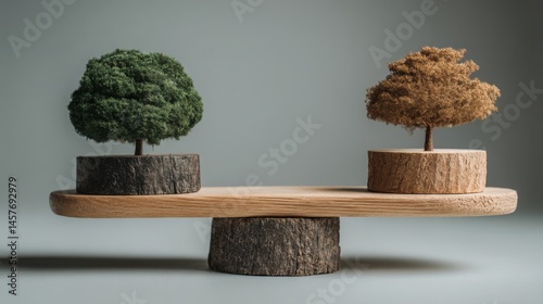 Tranquil tree positioned on wooden bench representing growth symmetry and balance in profitability and nature