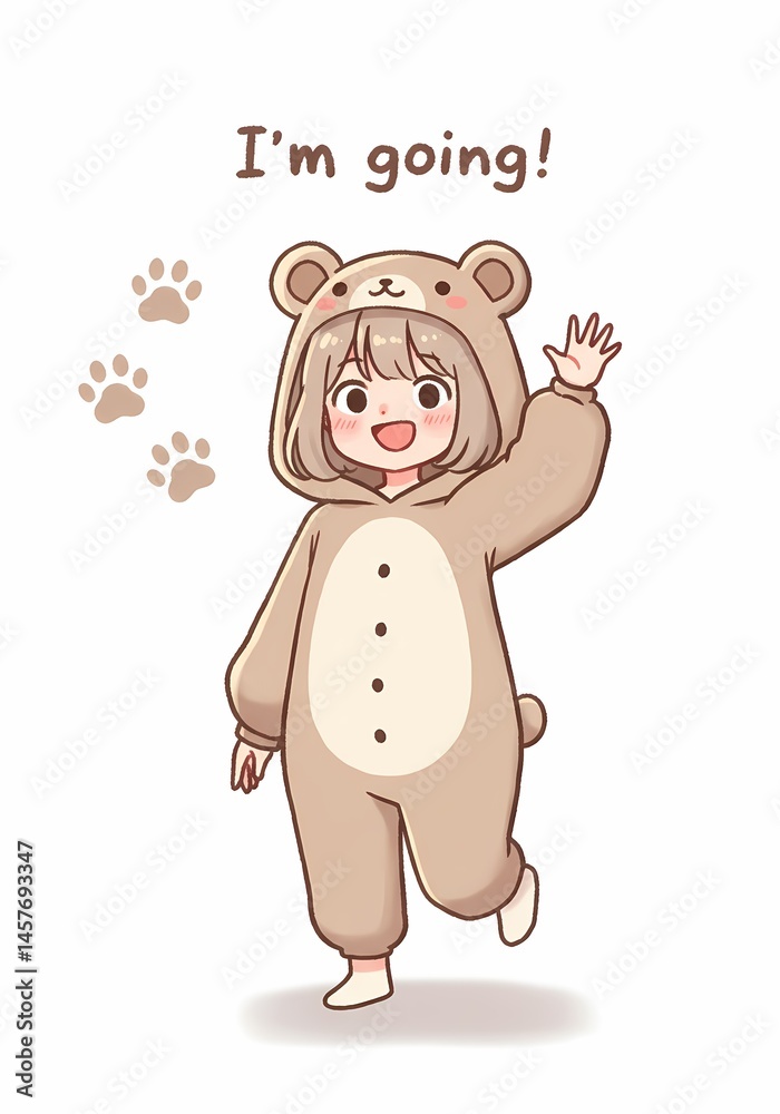 Fototapeta premium Whimsical wanderlust: An adorable cartoon child in a bear onesie embarks on a playful adventure of imagination and fun, evoking joy and curiosity