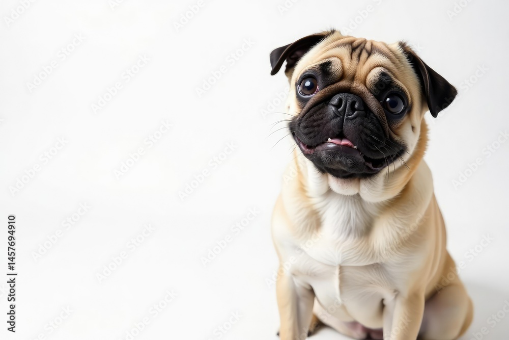 Playful pug looking towards camera, white backdrop, isolated, white, expression Playful pug looking towards camera, white backdrop, isolated, white, expression