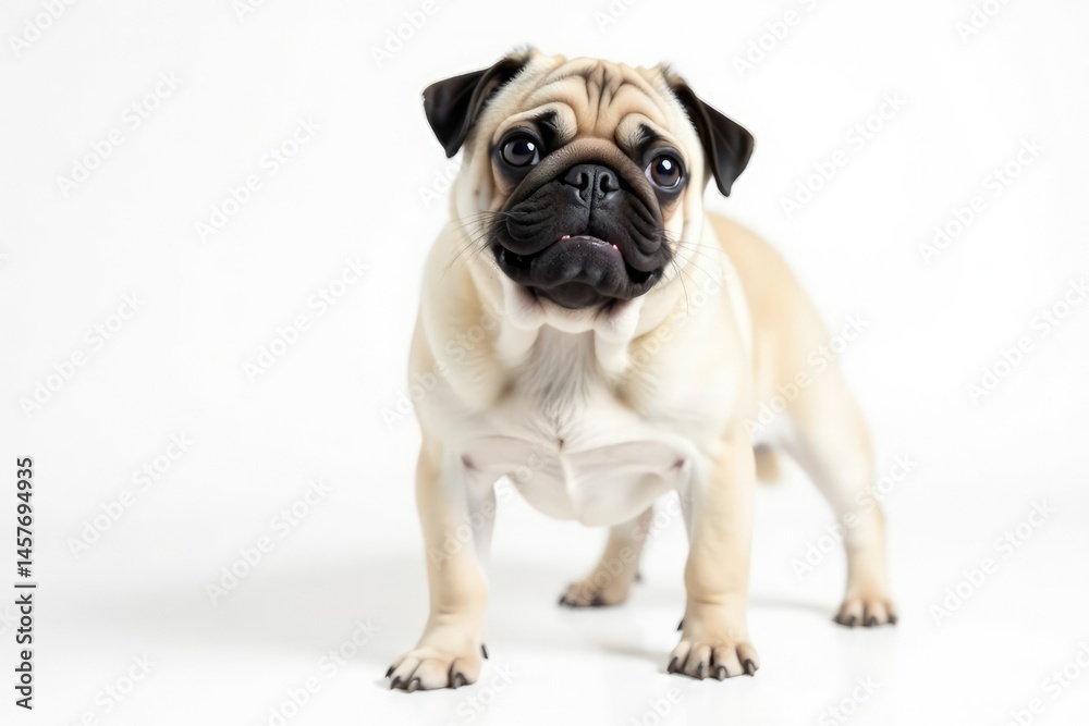 Playful pug stands, isolated on a bright white backdrop , standing, breed Playful pug stands, isolated on a bright white backdrop , standing, breed