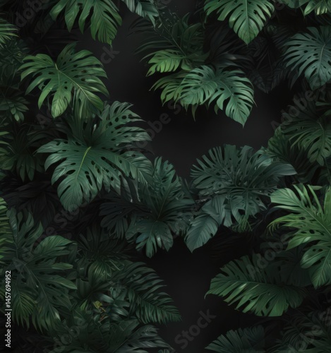 Intricate black background with deep green tropical foliage, palm, leaves, intense