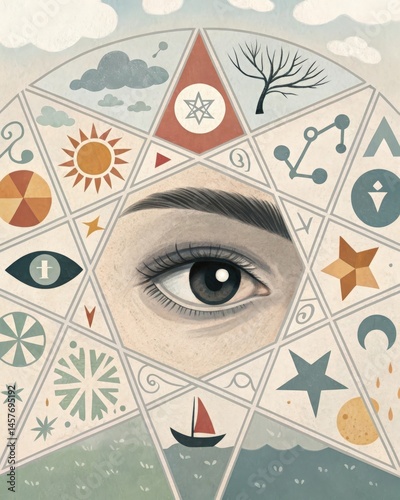 Obraz na płótnie An eye peering through a kaleidoscope of images symbolizing how metaphors shape perception and alter viewpoints based on varied interpretations. w salonie