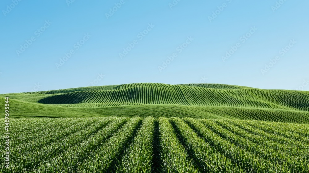 Rolling green hills and cultivated fields creating a stunning landscape under a blue sky Rolling green hills and cultivated fields creating a stunning landscape under a blue sky