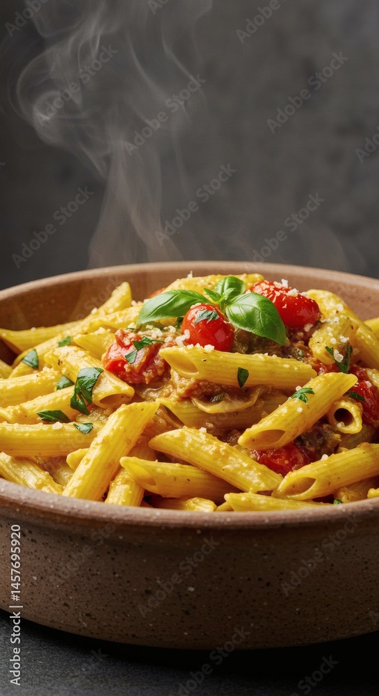 Fototapeta premium Close up of a bowl of penne pasta with tomato sauce and basil garnish emitting steam on a dark surface