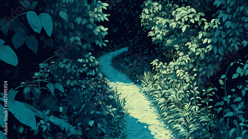 Narrow, winding path disappearing into dense foliage, nature, overgrown. [Temporal Gardens] | Fadeaway Leaves | disappearing green. Illustration photo